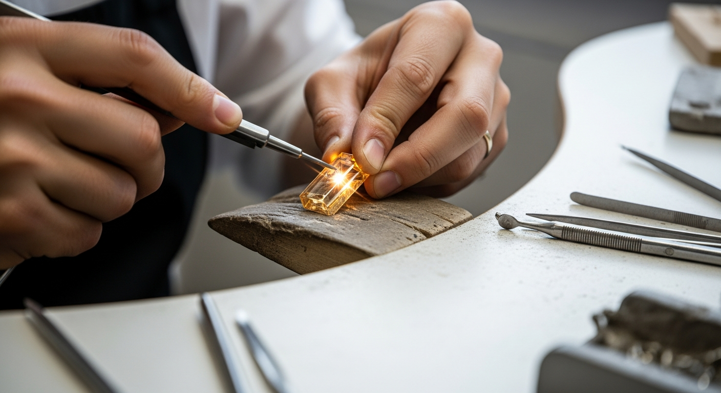 Artisan joaillier travaillant une bague en ambre authentique dans l'atelier L'Ambre Naturel
